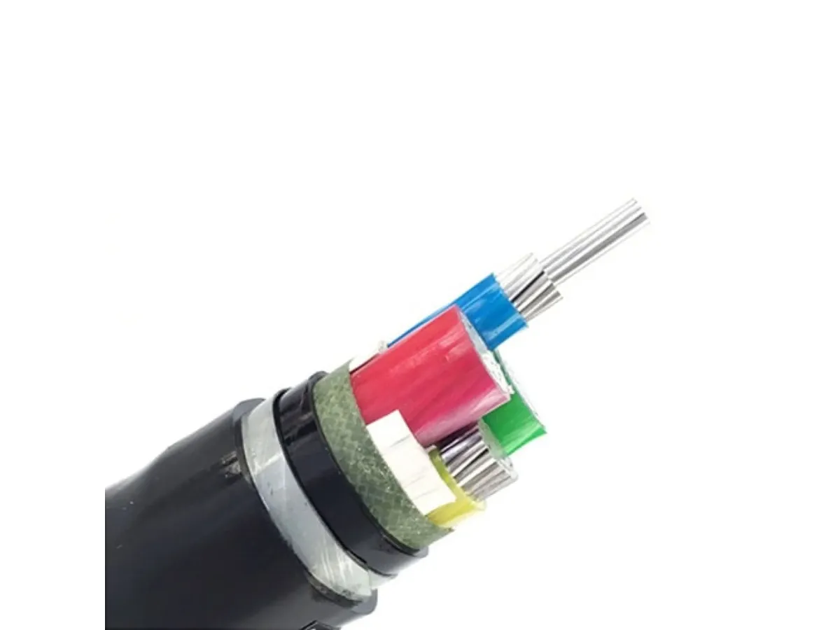 Cut-back of a multi-core cable showing stranded aluminium conductors in red, blue, green and yellow insulation, a green non-woven wrapping tape, a black inner covering, a silver steel tape armour layer and a black outer sheath