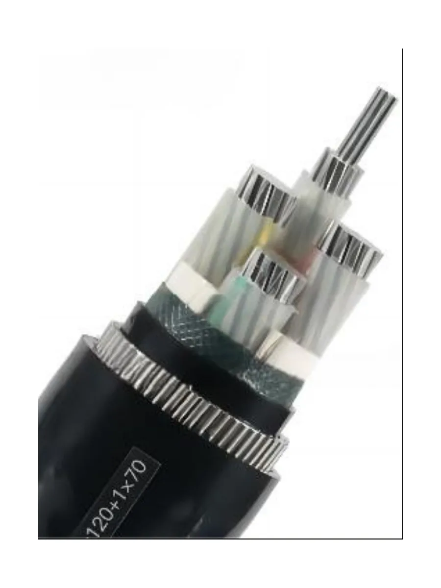 Cut-back of a four-core cable showing stranded aluminium conductors with natural XLPE insulation, a mesh binder tape, a black inner layer, a ring of round steel armour wires and a black PVC outer sheath printed 120+1x70