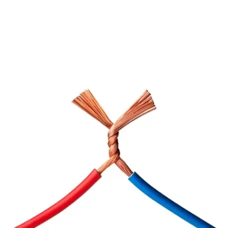 Red and blue flexible stranded copper wires twisted together