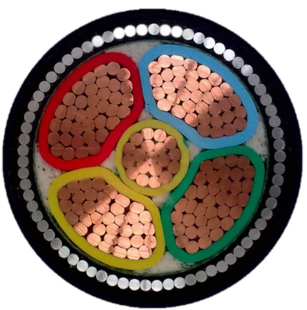 Cross-section of a five-core copper power cable with coloured PVC insulated cores, a ring of galvanised steel armour wires and a black outer sheath
